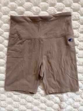 Champion Biker Shorts Tan Cotton Blend Stretch Size Small Active Casual Logo